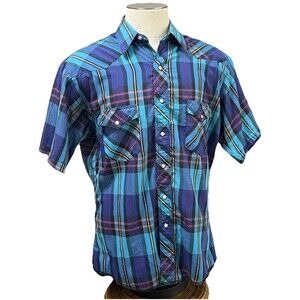 VTG 90s Wrangler Western Pearl Snap Shirt Short Sleeve Blue Plaid Men’s 16-16.5